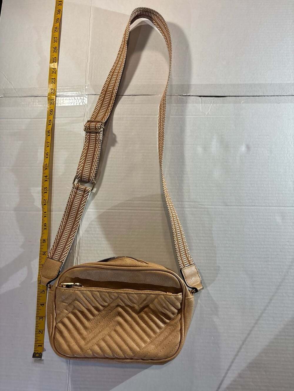 Z&Ezechiel Tan Quilted Chevron Crossbody Bag with Patterned Guitar Strap